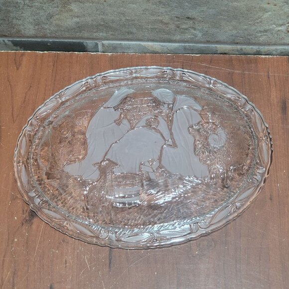 Vintage Clear Frosted Serving Dish Plaque Glass Oval Nativity Scene - Picture 2 of 11